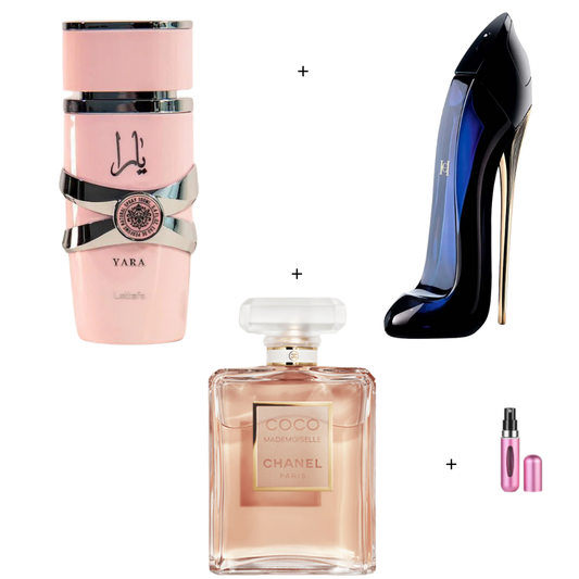 Kit de 3 perfumes para damas: Yara Lattafa (100 ml), Good Girl (100 ml), Coco Mademoiselle (100 ml) + Perfumero